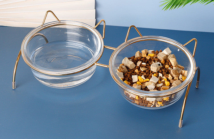 Glass Pet Feeding Bowl Metal Rack Food And Water Dish Set