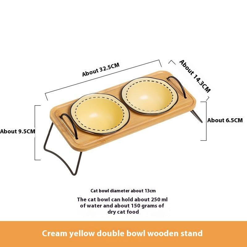 Pet Wooden Ceramic Feeding Bowl Anti Tumble Easy Clean