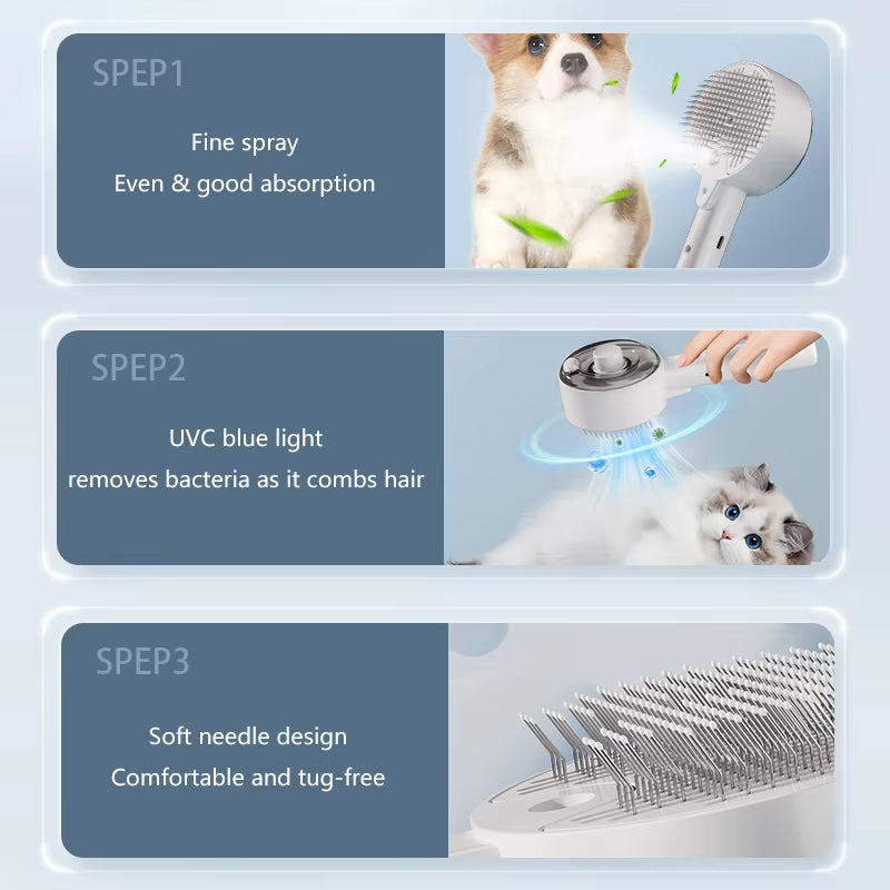 Electric Pet Steam Grooming Brush With Spray And Massage Tool