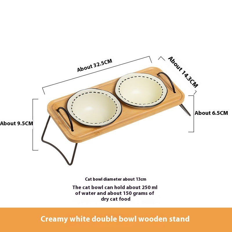 Pet Wooden Ceramic Feeding Bowl Anti Tumble Easy Clean
