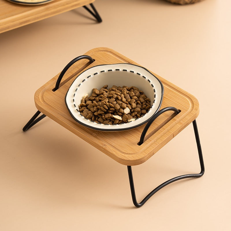 Pet Wooden Ceramic Feeding Bowl Anti Tumble Easy Clean