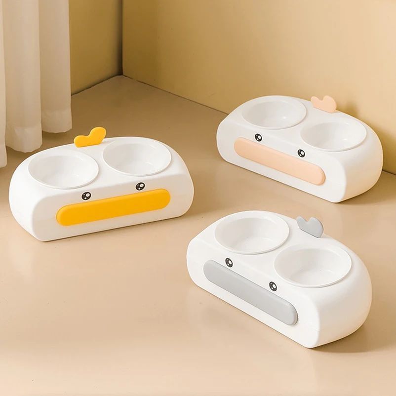 Duck Design Pet Double Bowl Plastic Feeding Tray Food And Water Feeder