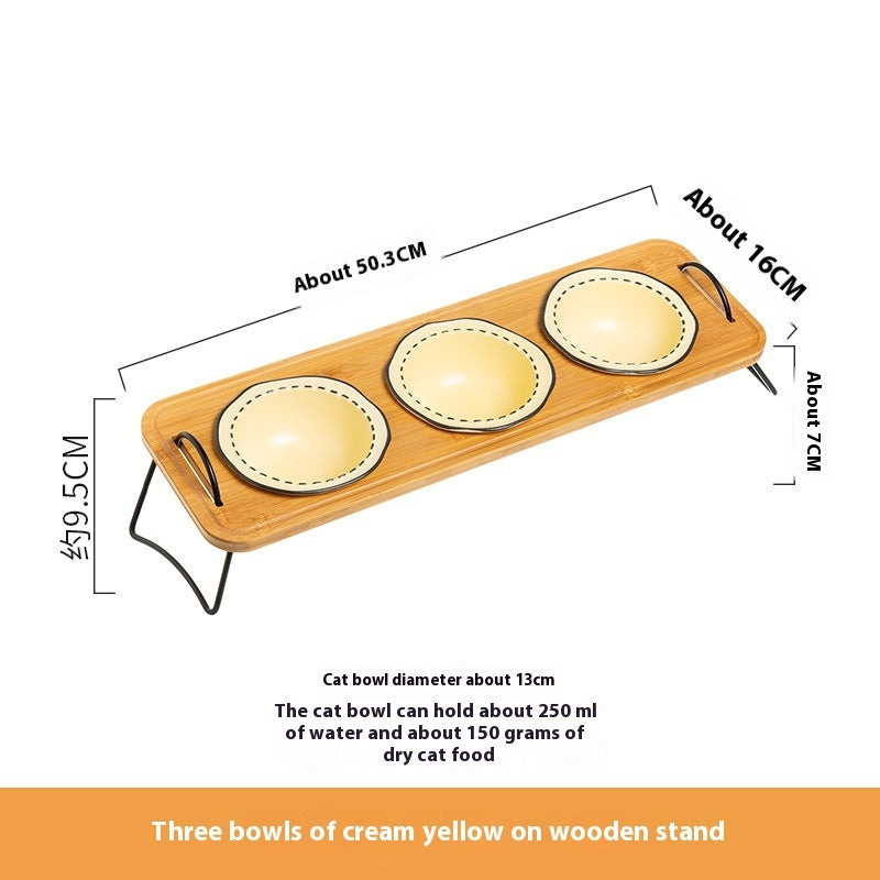 Pet Wooden Ceramic Feeding Bowl Anti Tumble Easy Clean