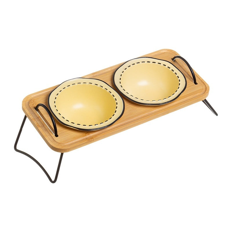 Pet Wooden Ceramic Feeding Bowl Anti Tumble Easy Clean