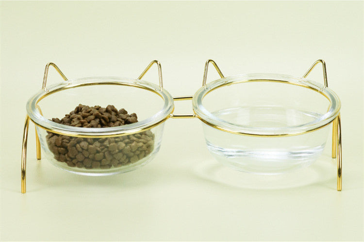 Glass Pet Feeding Bowl Metal Rack Food And Water Dish Set