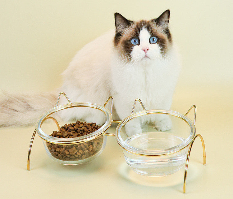 Glass Pet Feeding Bowl Metal Rack Food And Water Dish Set