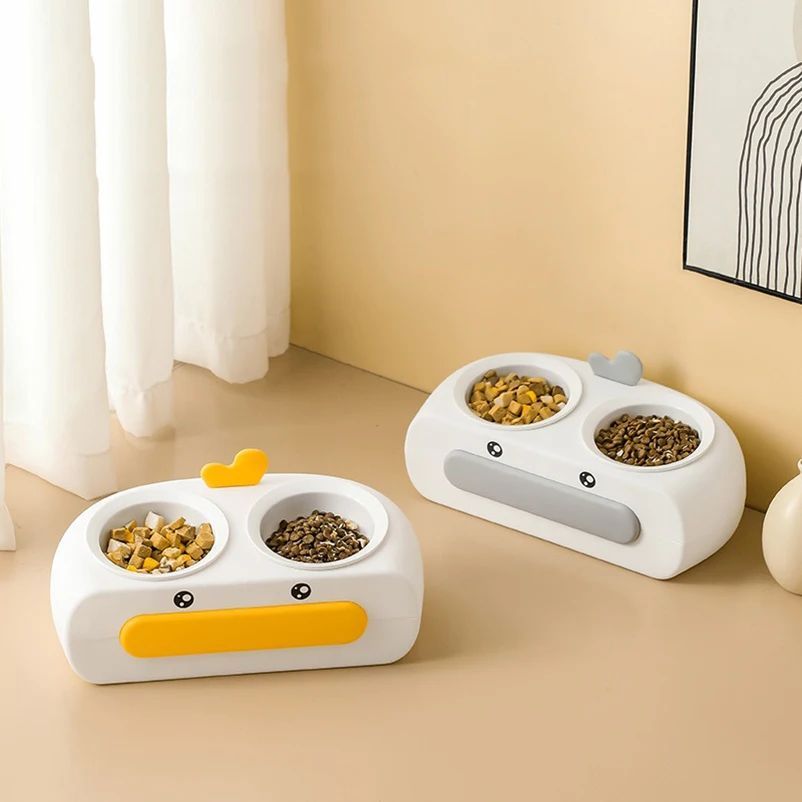 Duck Design Pet Double Bowl Plastic Feeding Tray Food And Water Feeder