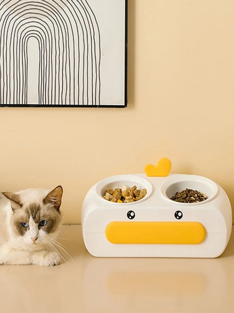 Duck Design Pet Double Bowl Plastic Feeding Tray Food And Water Feeder